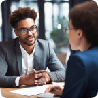 A sharply dressed businessperson speaks with a client. 